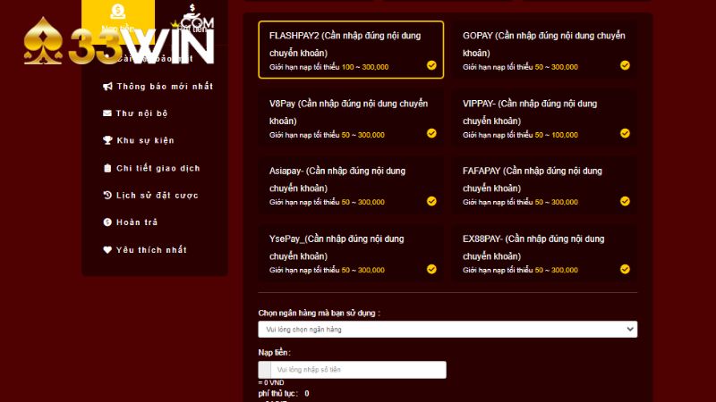 Người chơi chọn hạn mức nạp tiền theo quy định của nhà cái