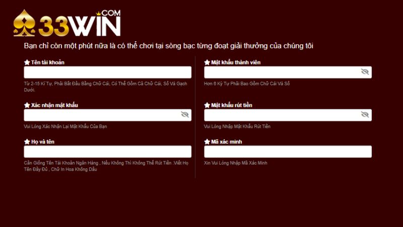 Form đăng ký tài khoản chính thức tại 33WIN